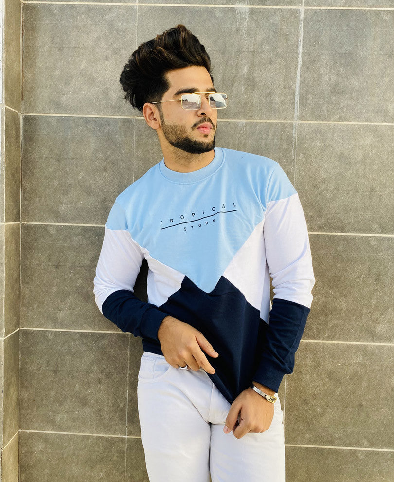Sky Blue Tropical Storm Printed Full Sleeves T-Shirt