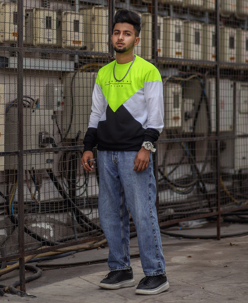 Neon Green Tropical Storm Printed Full Sleeves T-Shirt