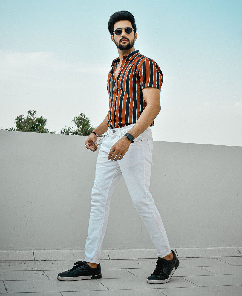 Brown and Navy Blue Stripes Half Sleeves Shirt