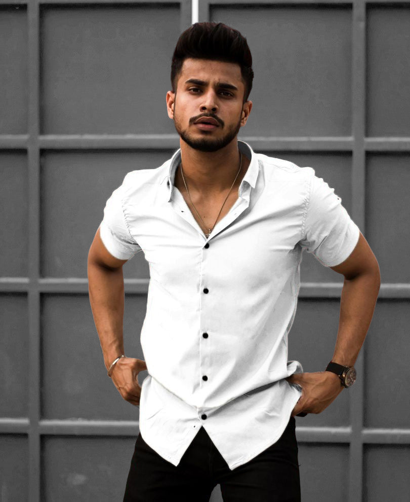 White Plain Stretchable Casual Half Sleeves Shirt