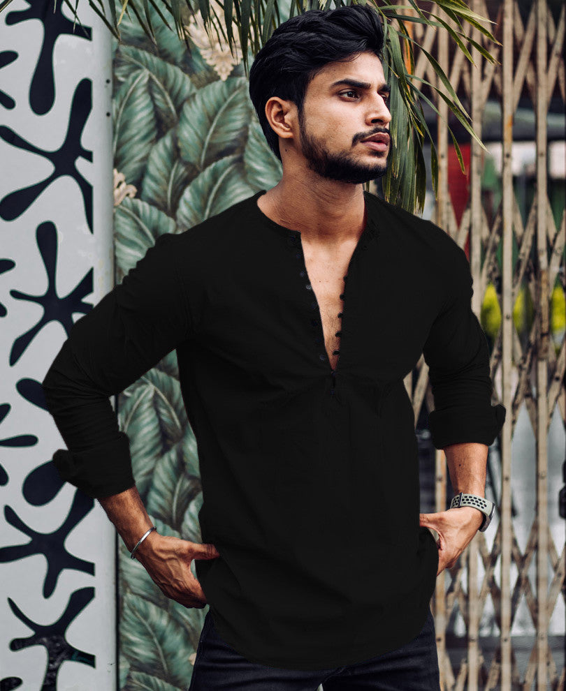 Black Plain Kurta Full Sleeves Shirt