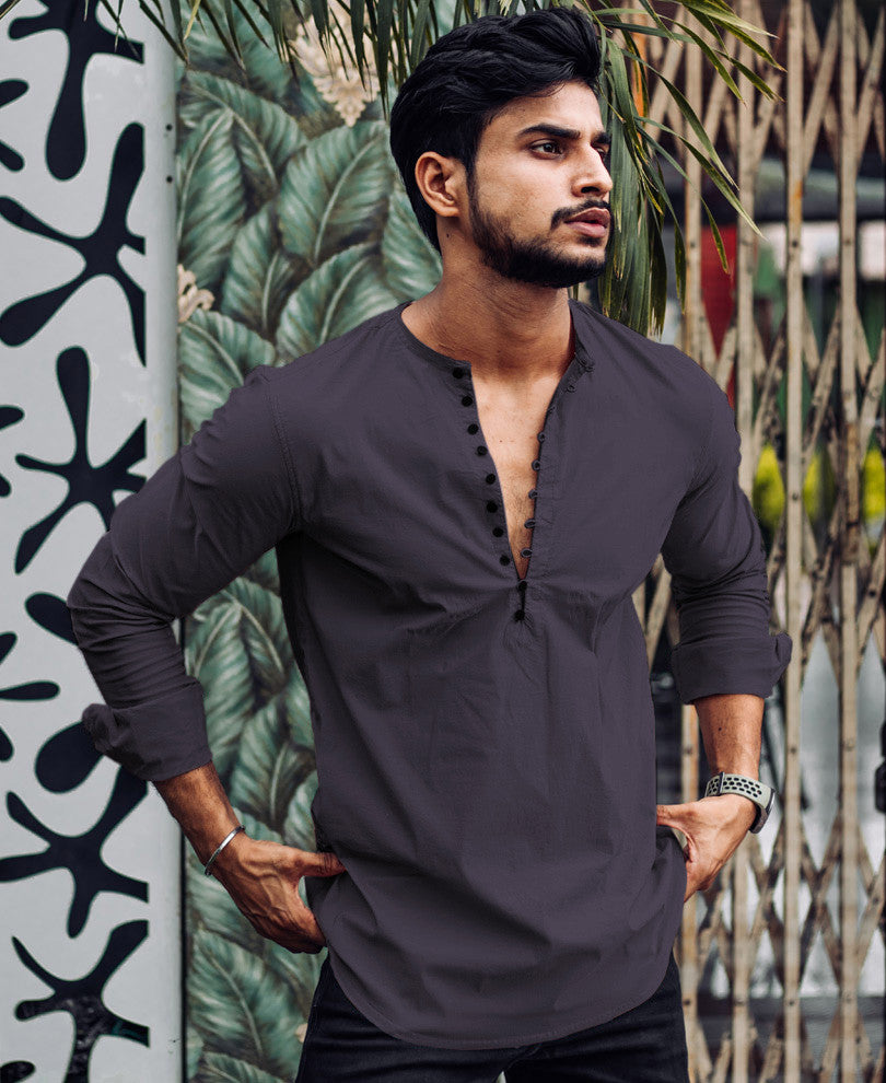 Grey Plain Kurta Full Sleeves Shirt