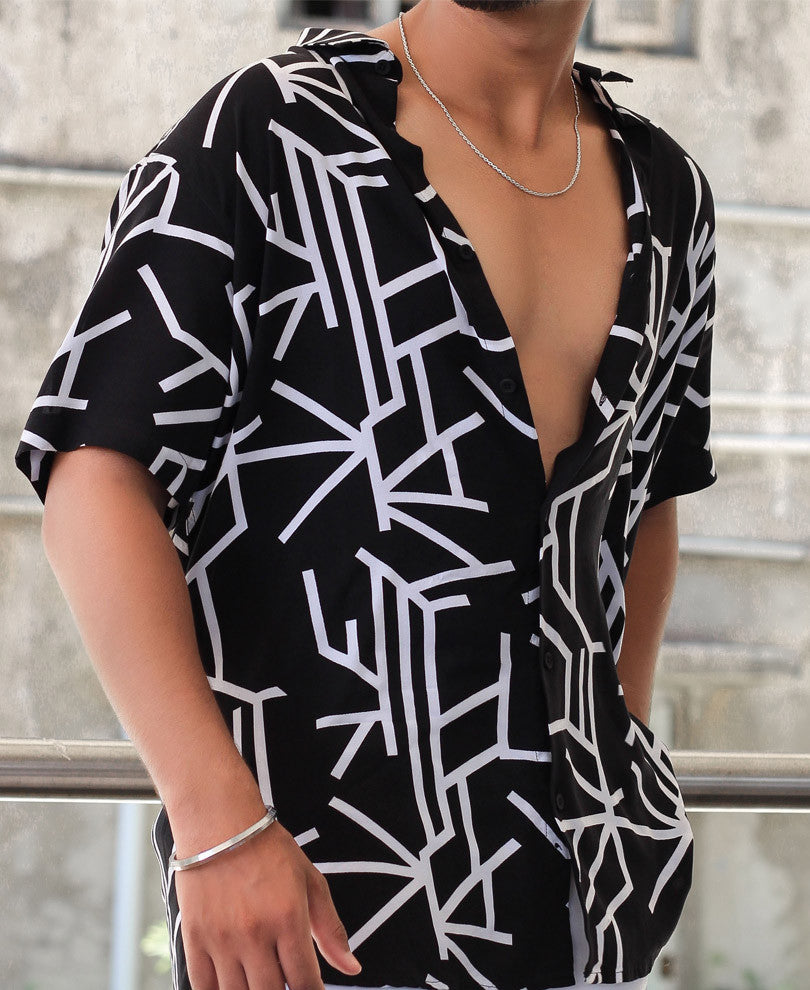 Black Abstract Striped Half Sleeves Shirt