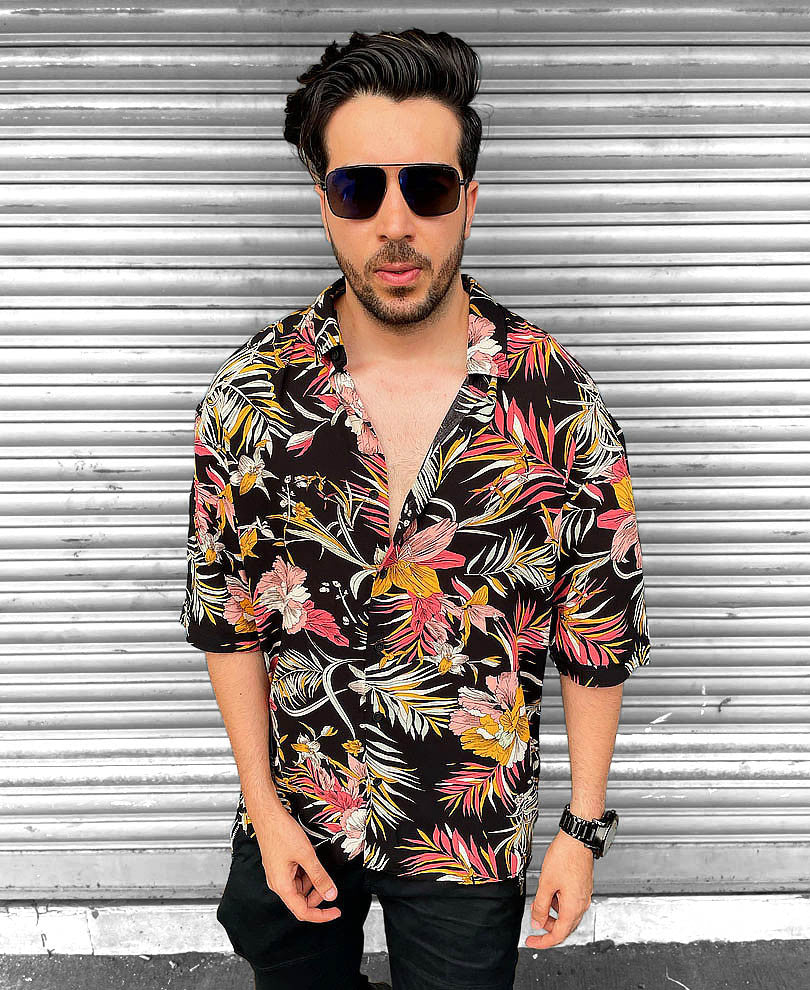 Mens Black Floral Oversize Drop Shoulder Shirt
