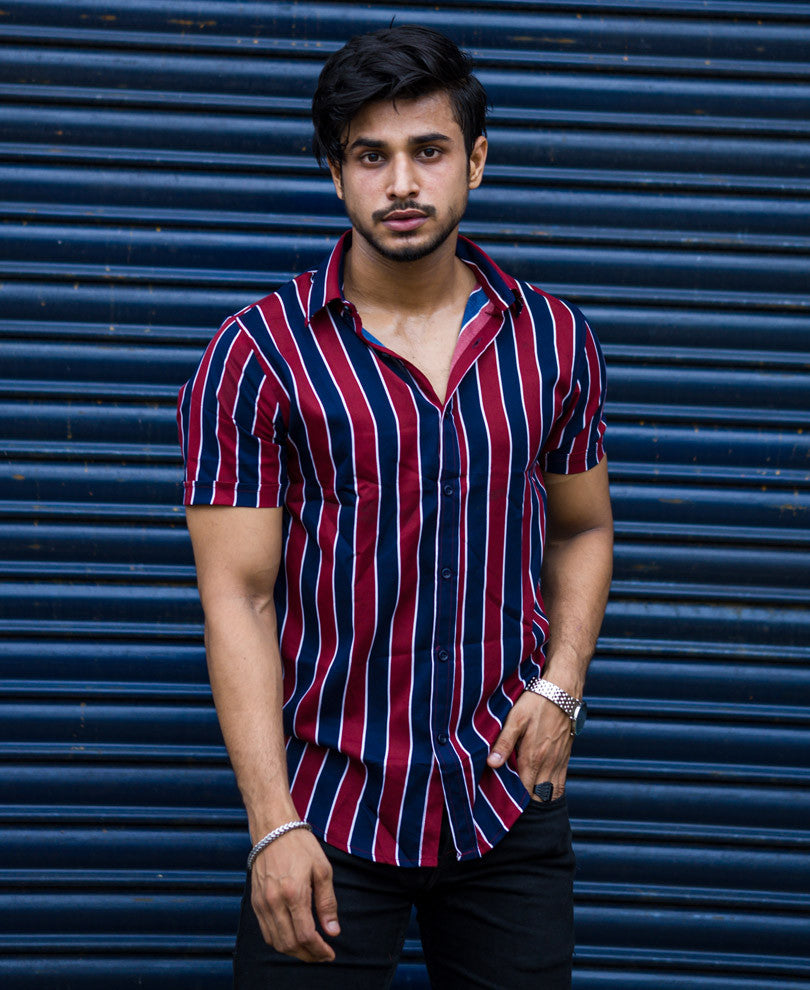Red and Blue Casual Stripe Half Sleeves Shirt