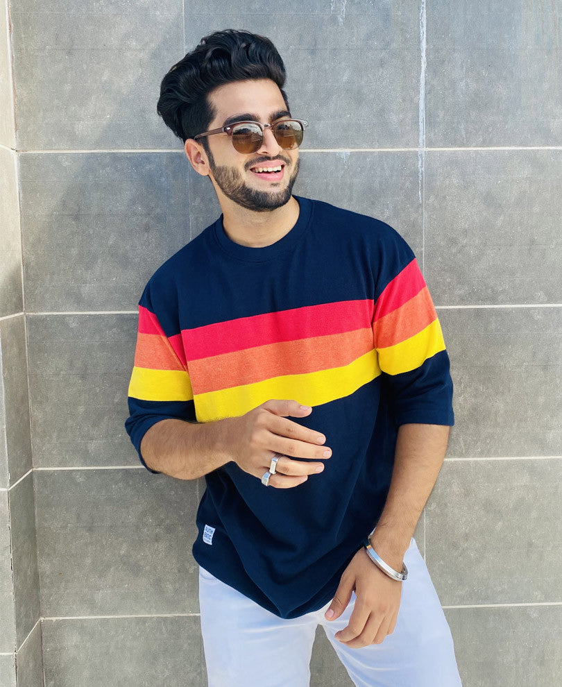 Navy Blue Triple Stripe Oversize Drop Shoulder T Shirt