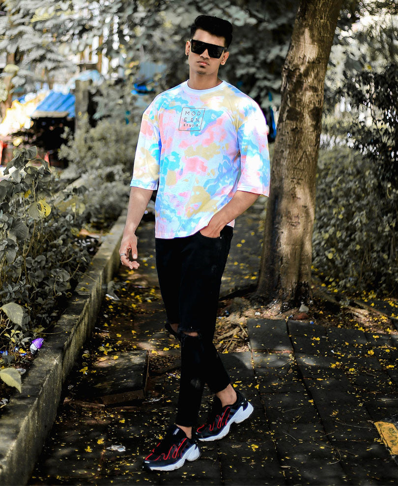 White Modern Studio Tie-Dye Print Oversize Drop Shoulder T Shirt