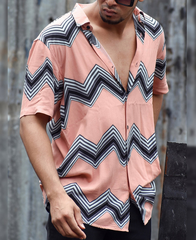 Pink Zig Zag Lines Print Half Sleeves Shirt