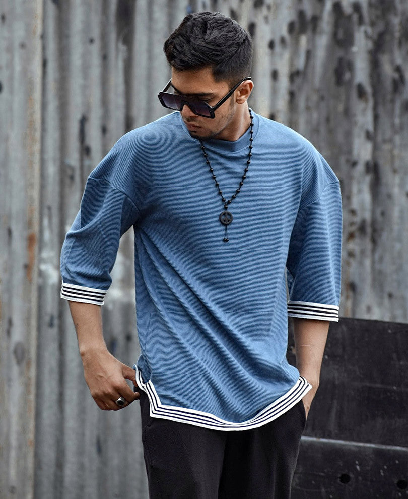 Turquoise Blue Oversize Drop Shoulder With Stripes Half Sleeves T Shirt