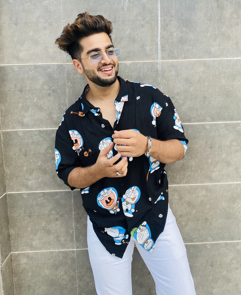 Black Doraemon Print Oversize Drop Shoulder Shirt