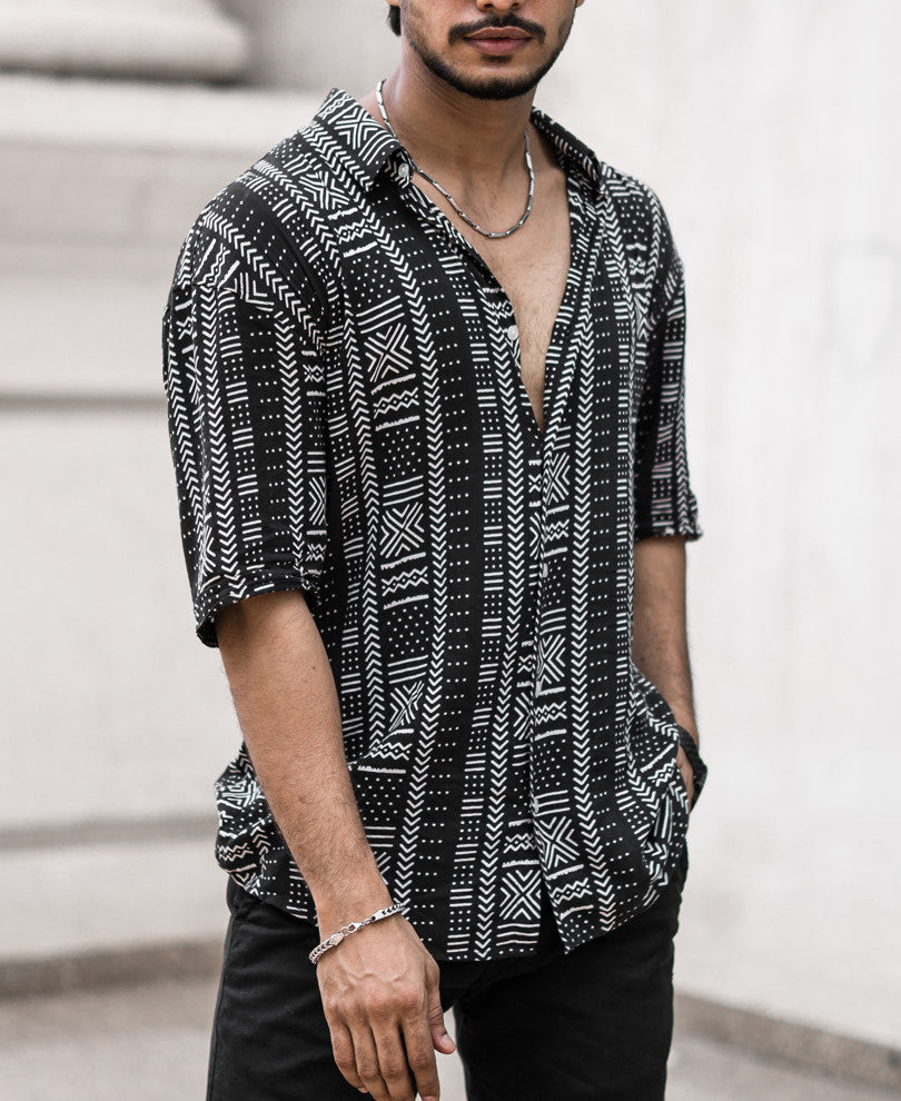 Black Ethnic Print Oversize Drop Shoulder Shirt