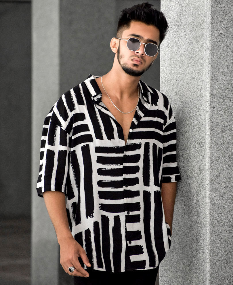 Black and White Multiple Stripes Oversize Drop Shoulder Shirt
