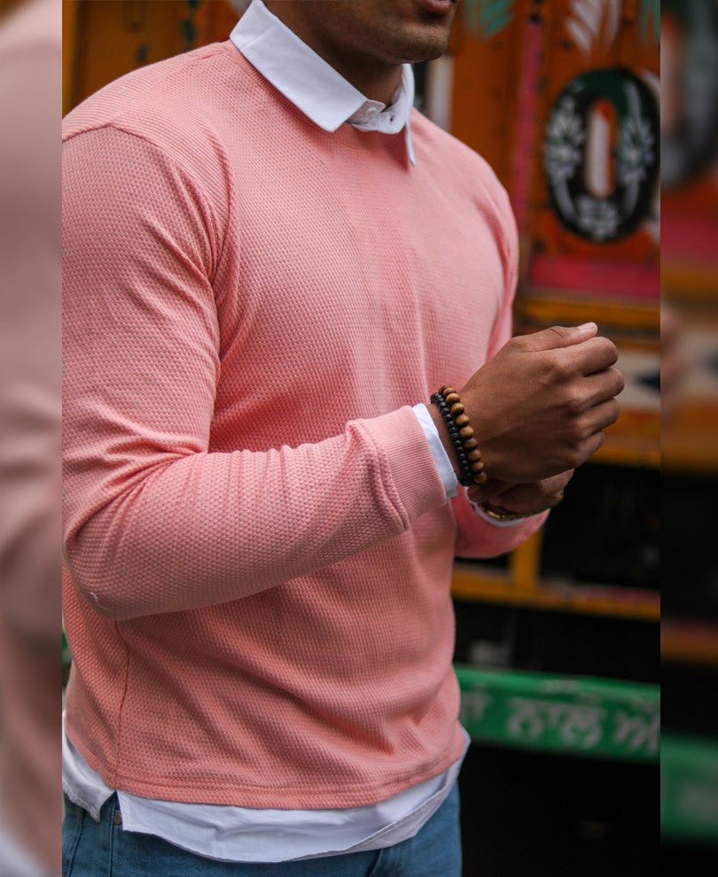 Peach White Collar Full Sleeves T Shirt