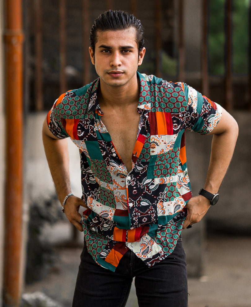 Mens Light Green Patchwork Print Half Sleeves Shirt