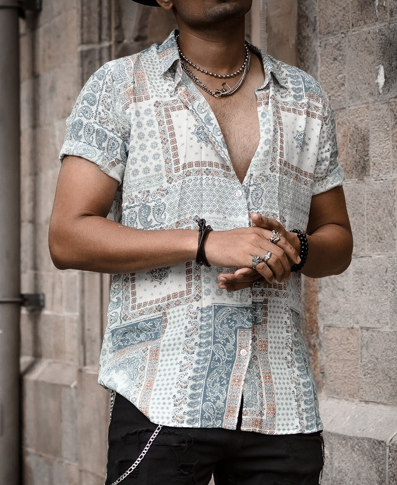 Light Green and White Bandana Print Half Sleeves Shirt