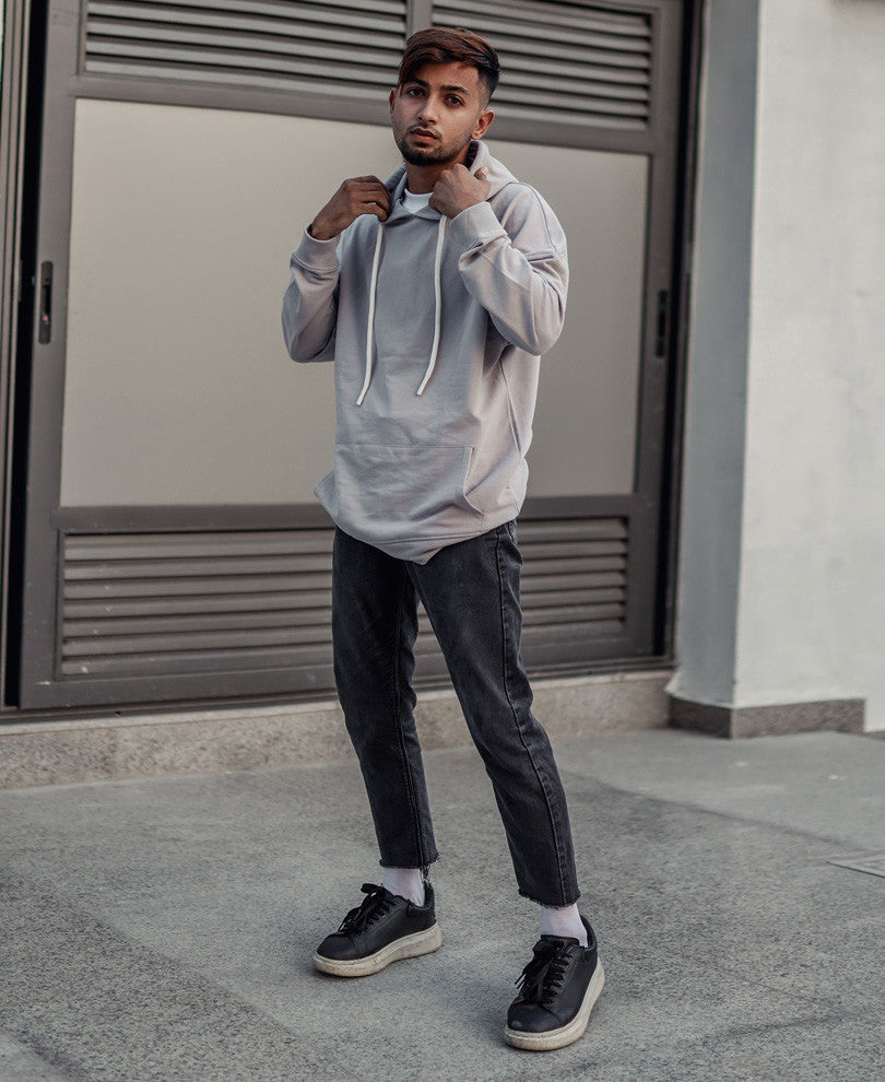 Grey Plain Hood Full Sleeves T Shirt