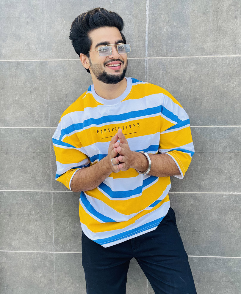 Yellow and White Perspectives Oversize Drop Shoulder T Shirt