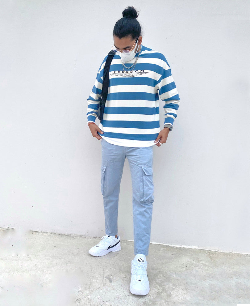 Blue and White Freedom Stripes Oversize Drop Shoulder T Shirt