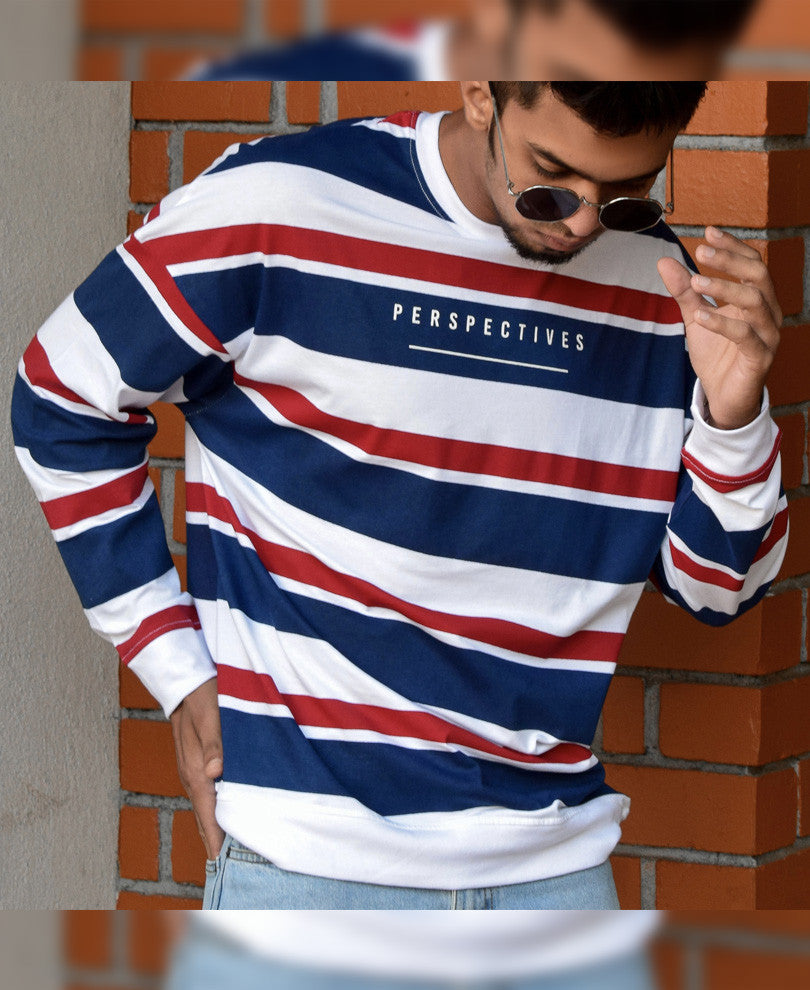 White and Blue Perspectives Stripe Oversize Drop Shoulder T Shirt