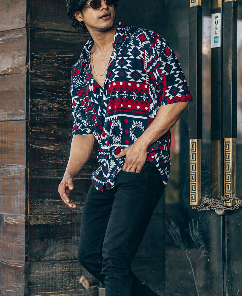 Navy Blue and Red Patchwork Print Oversize Drop Shoulder Shirt