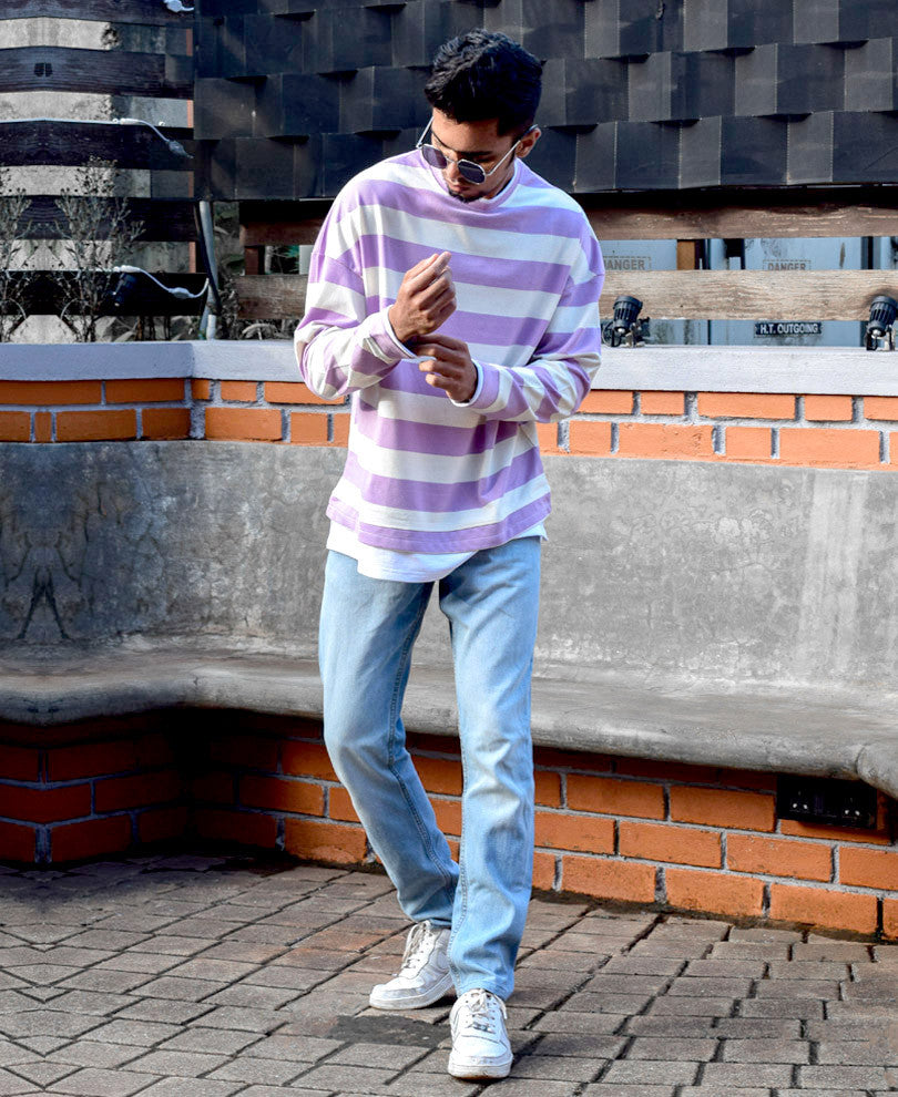 Purple and White Stripes Oversize Drop Shoulder T Shirt