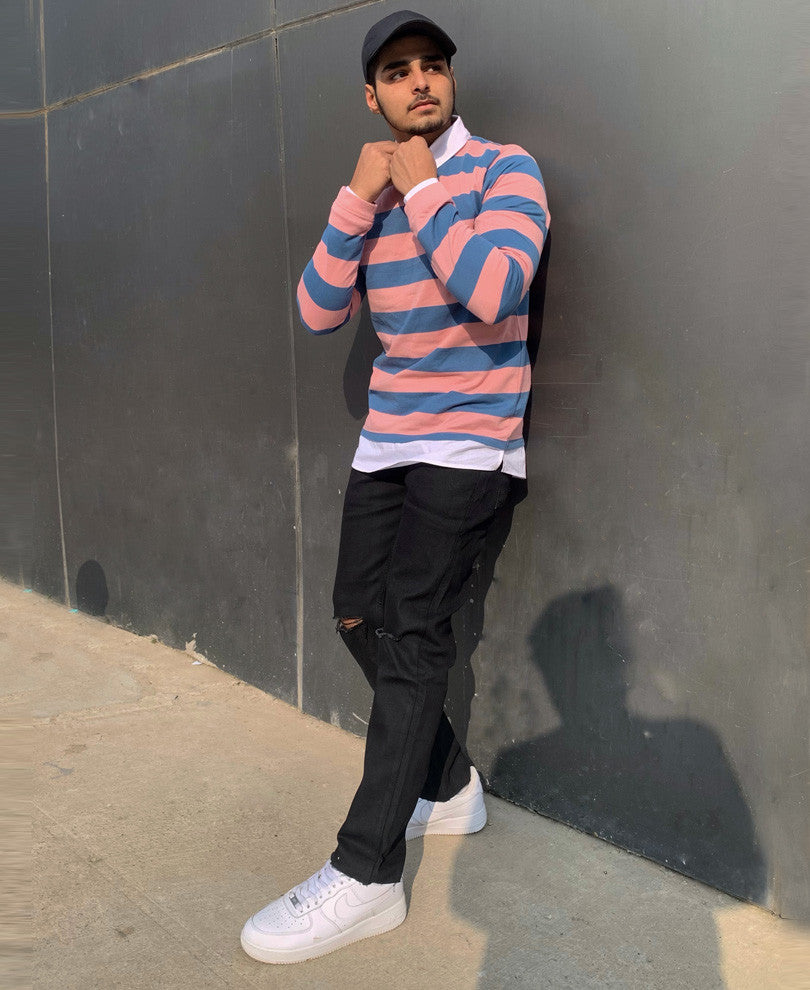 Peach and Blue Collar Attached Full Sleeves T Shirt