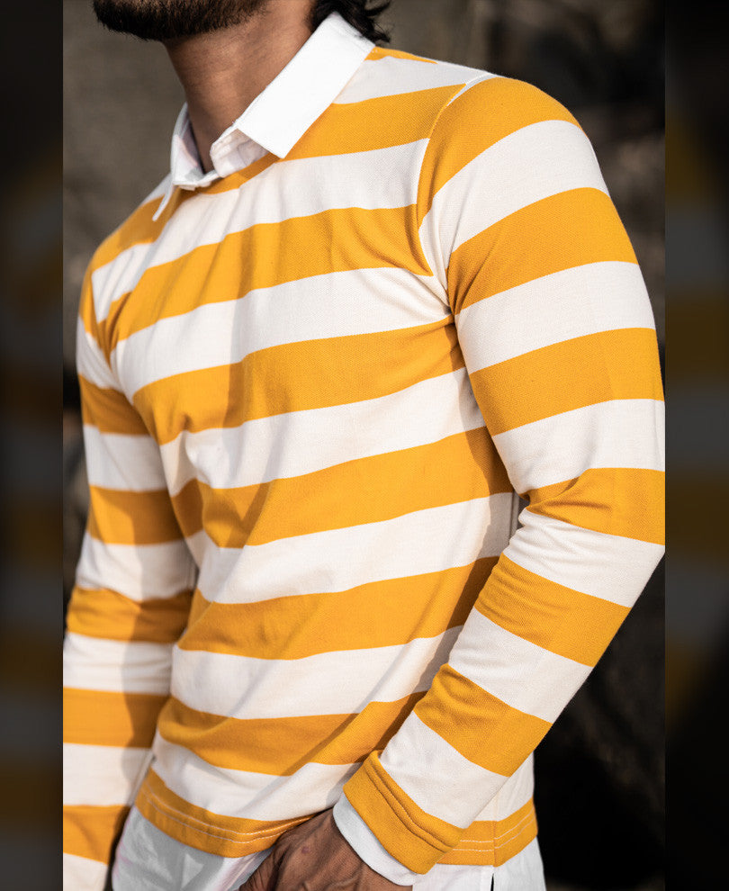 Mustard and White Collar Attached Full Sleeves T Shirt