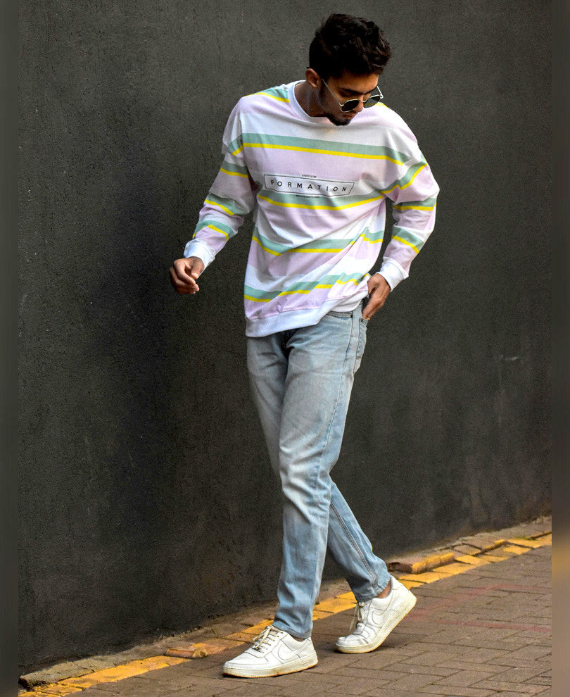 Pink and White Formation Stripes Print Full Sleeves T Shirt