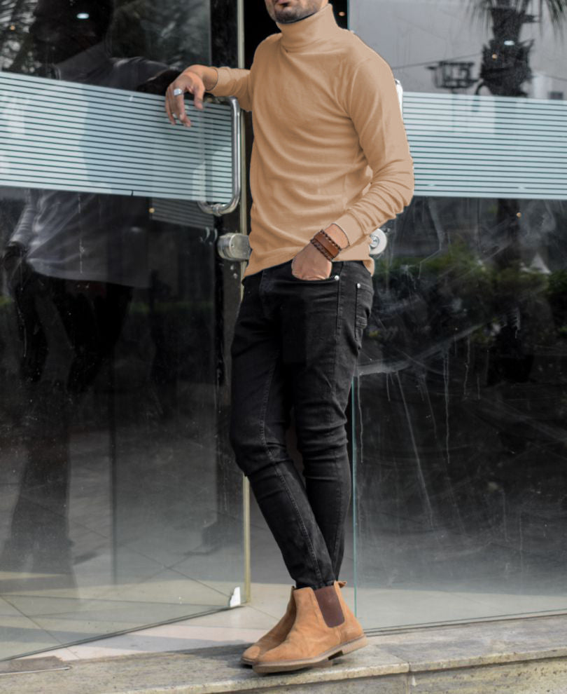 Beige Polo Neck Full Sleeves T Shirt