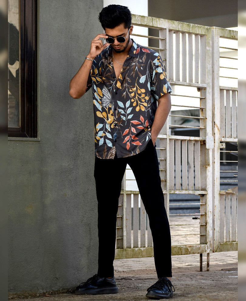 Grey Leaves Printed Half Sleeves Shirt