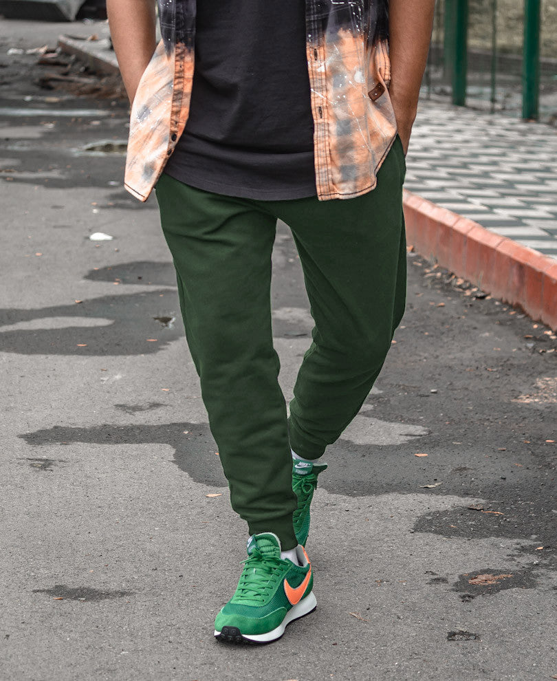 Bottle Green Plain Ribbed Joggers