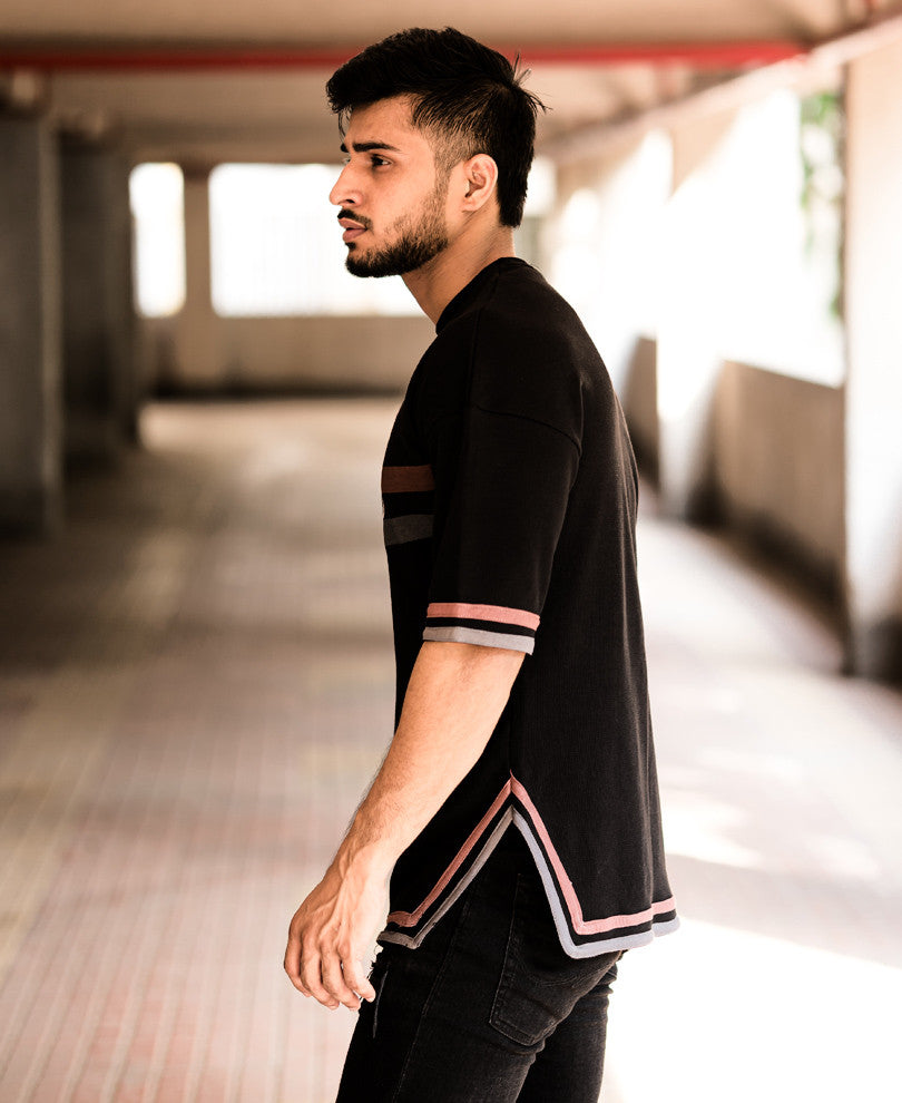 Black Deer Chest Stripe Oversize Drop Shoulder T Shirt