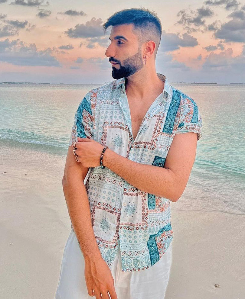 Light Green and White Bandana Print Half Sleeves Shirt