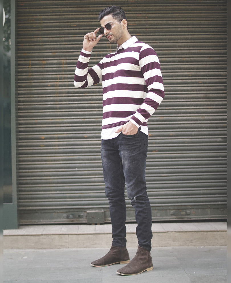 Maroon and White Collar Attached Full Sleeves T Shirt