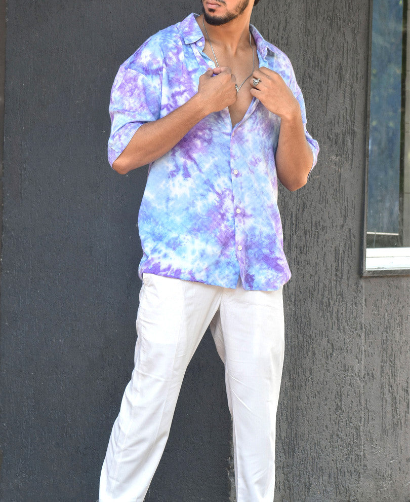 Purple Tie-Dye Print Oversize Drop Shoulder Shirt