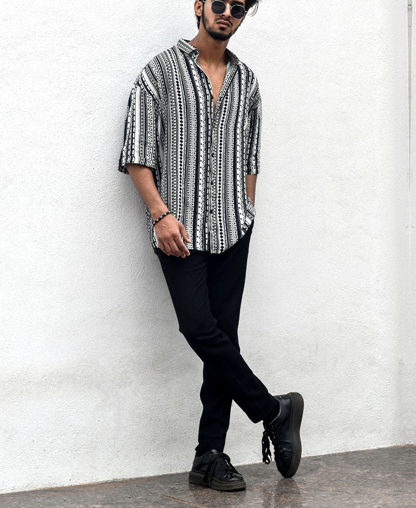 White Ethnic Print Oversize Drop Shoulder Shirt