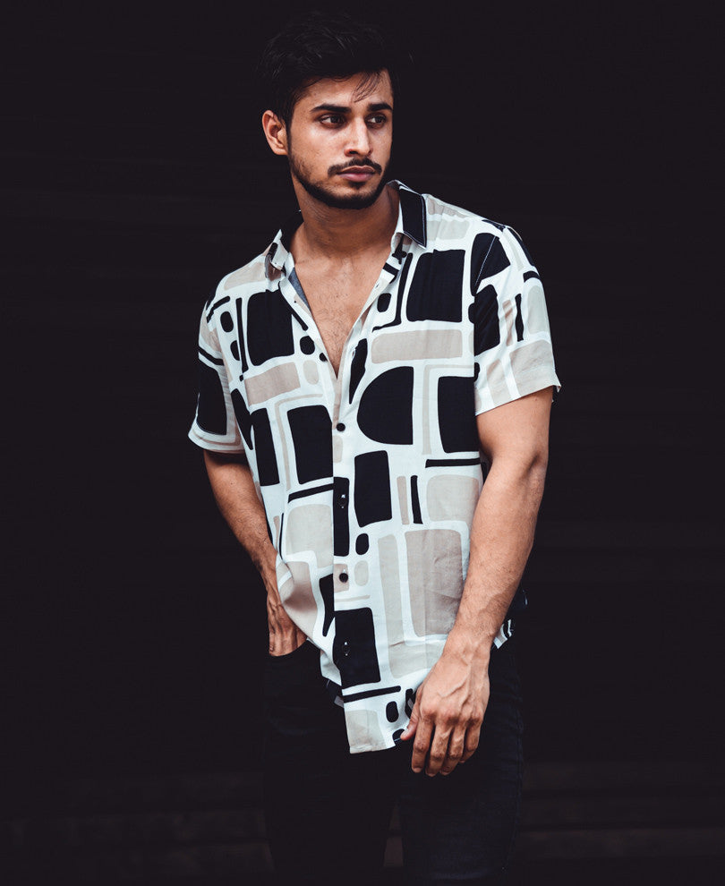 Black And Cream Icon Print Half Sleeves Shirt