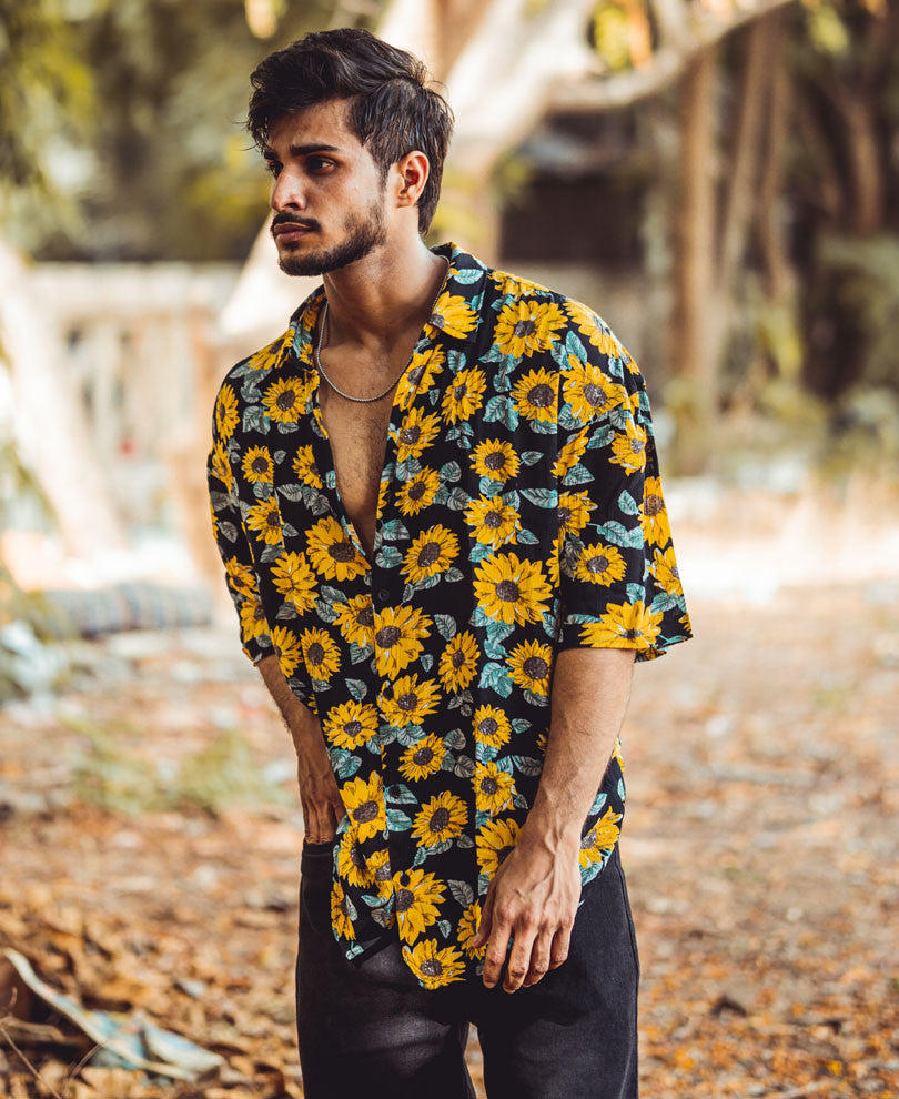 Black And Yellow Sunflower Print Oversize Drop Shoulder Shirt