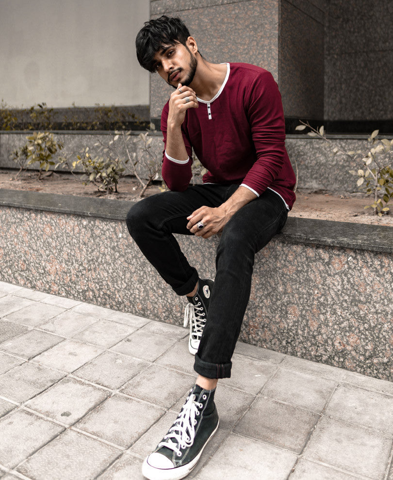 Maroon Basic Henley Full Sleeves T Shirt