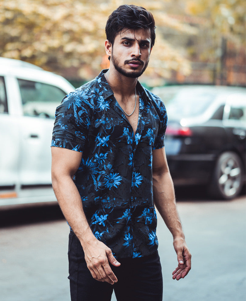 Blue Sunflower Print Half Sleeves Shirt