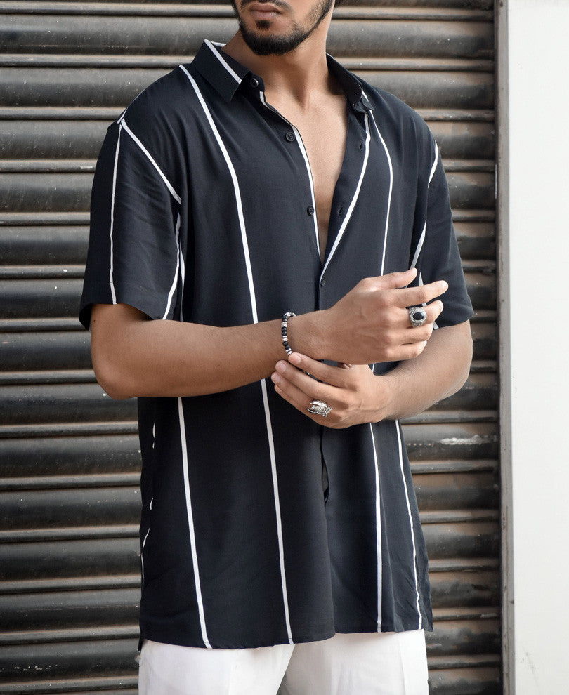 Black With White Vertical Stripe Half Sleeves Shirt
