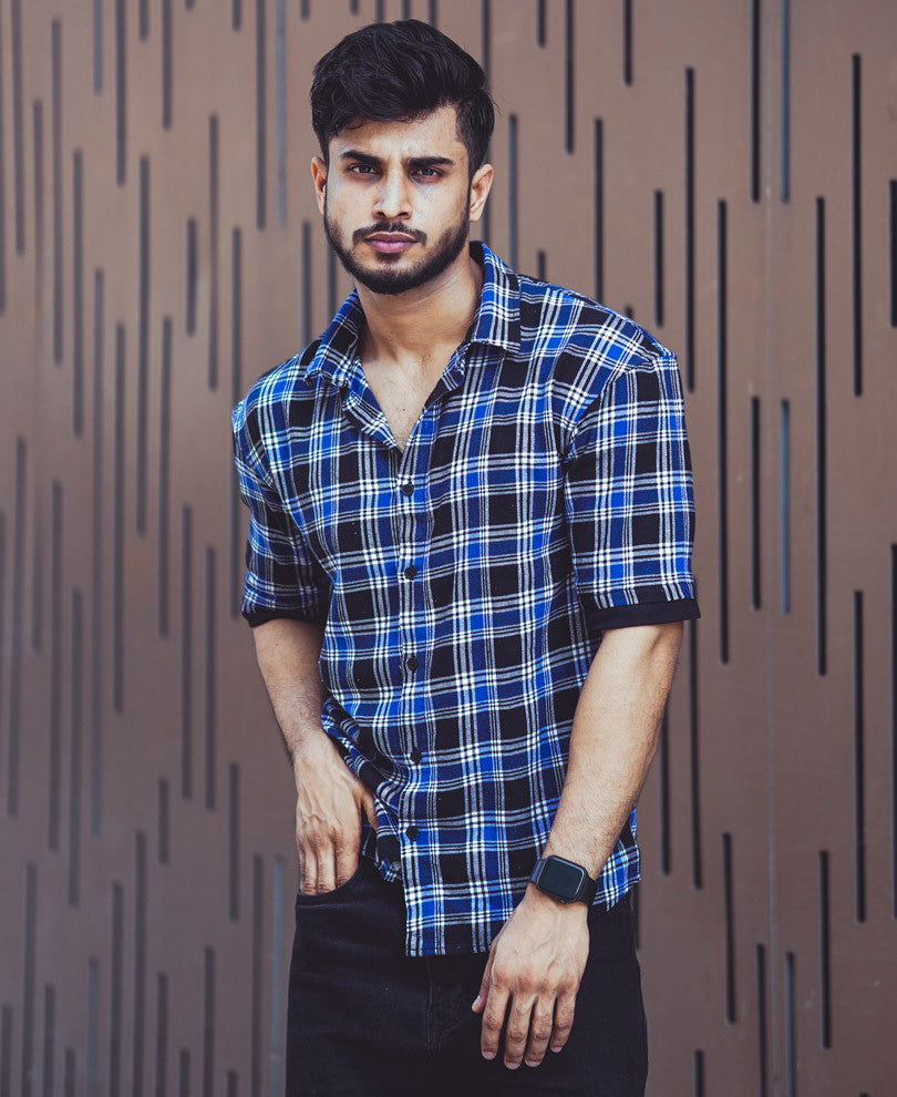 Blue And Black Checks Oversize Drop Shoulder Shirt