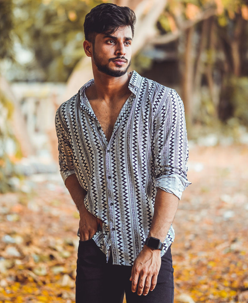 Black And White Ethnic Print Full Sleeves Shirt