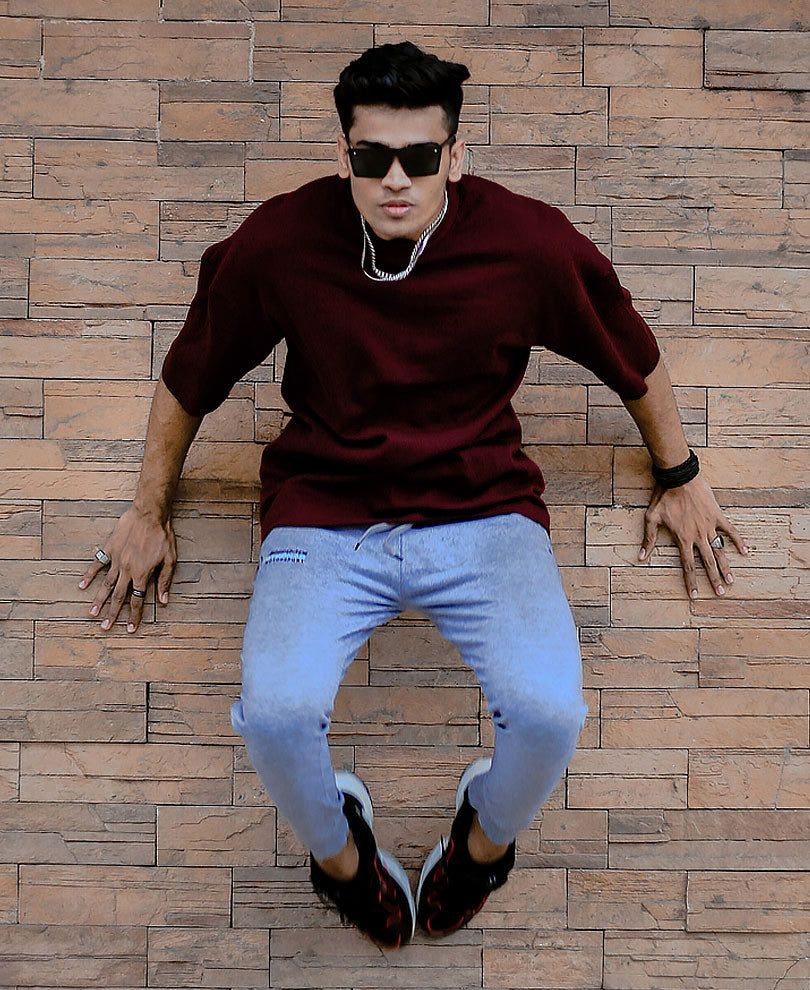 Urban Maroon Solid Oversize Drop Shoulder T Shirt