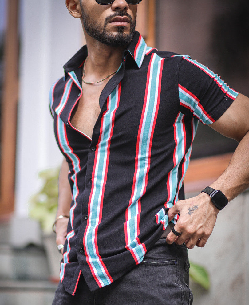 Black Multi Color Vertical Stripe Half Sleeves Shirt