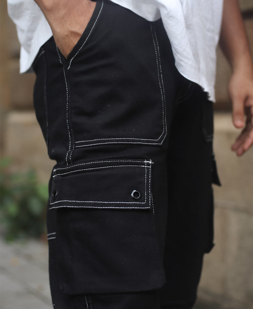 Black Cargo Pocket Carpenter Cotton Baggy Fit Jeans