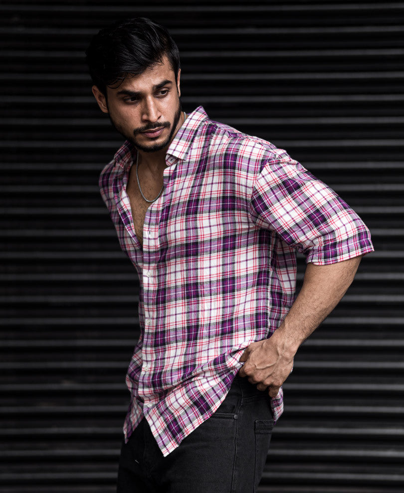 Pink Future Back Printed Checks Oversize Drop Shoulder Shirt