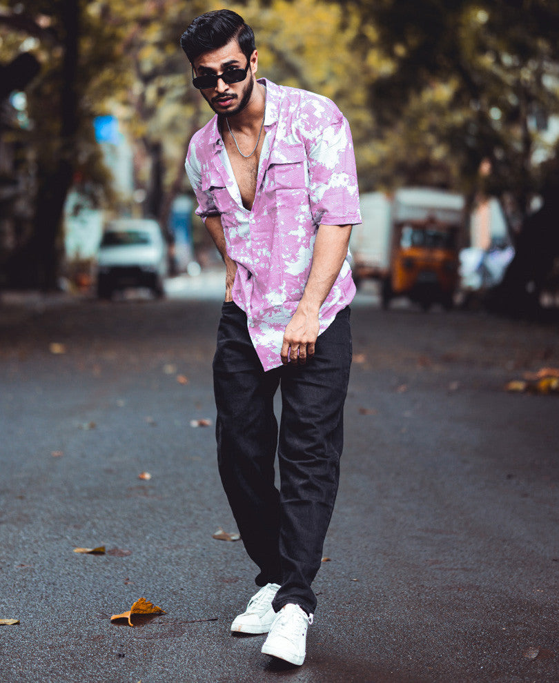 Purple And White Tie-Dye Print Pocket Oversize Drop Shoulder Shirt