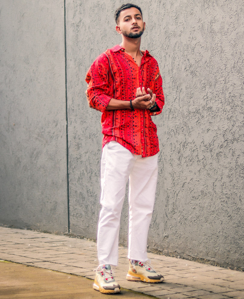 Red Vertical Stripe Mix Printed Full Sleeves Shirt