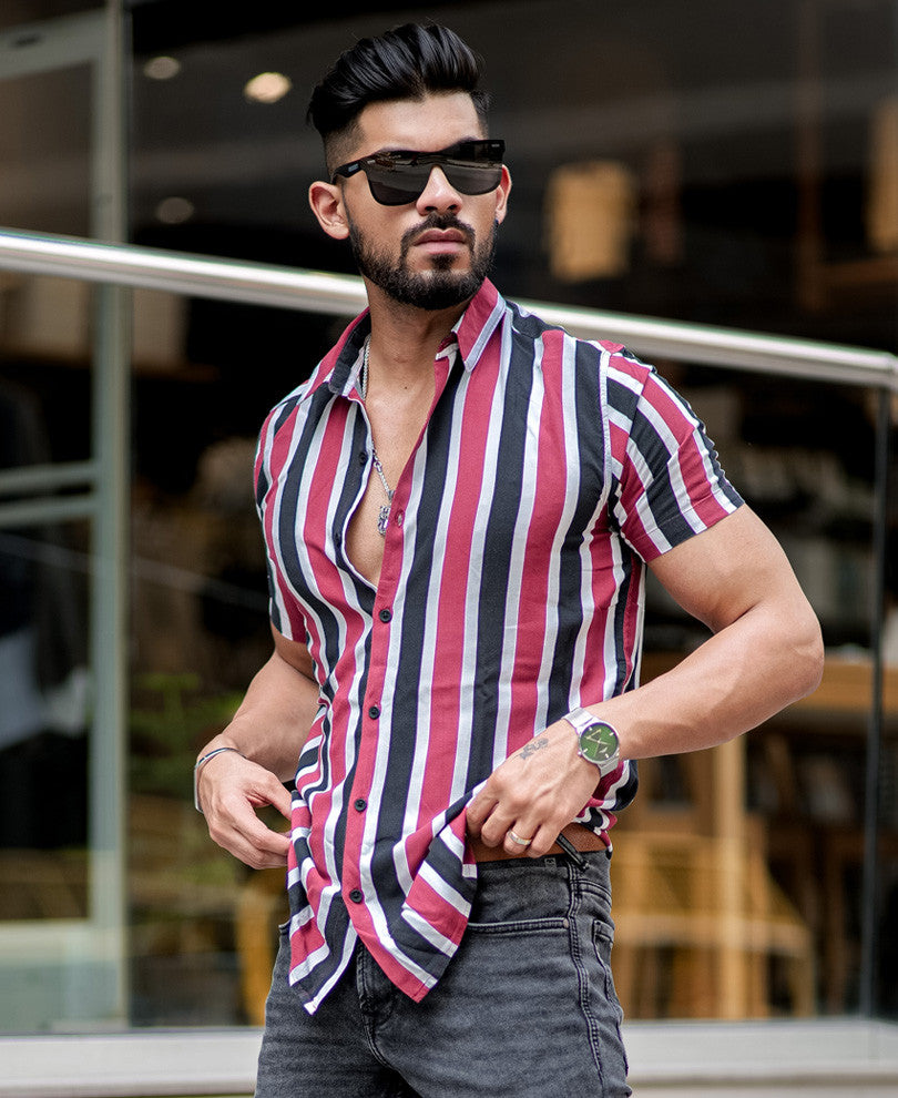 Red and Navy Blue Stripes Half Sleeves Shirt